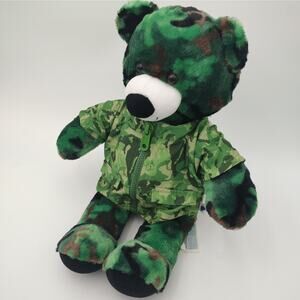 Build A Bear Camo Military Bear Plush 16" Zippered BABW Uniform Green